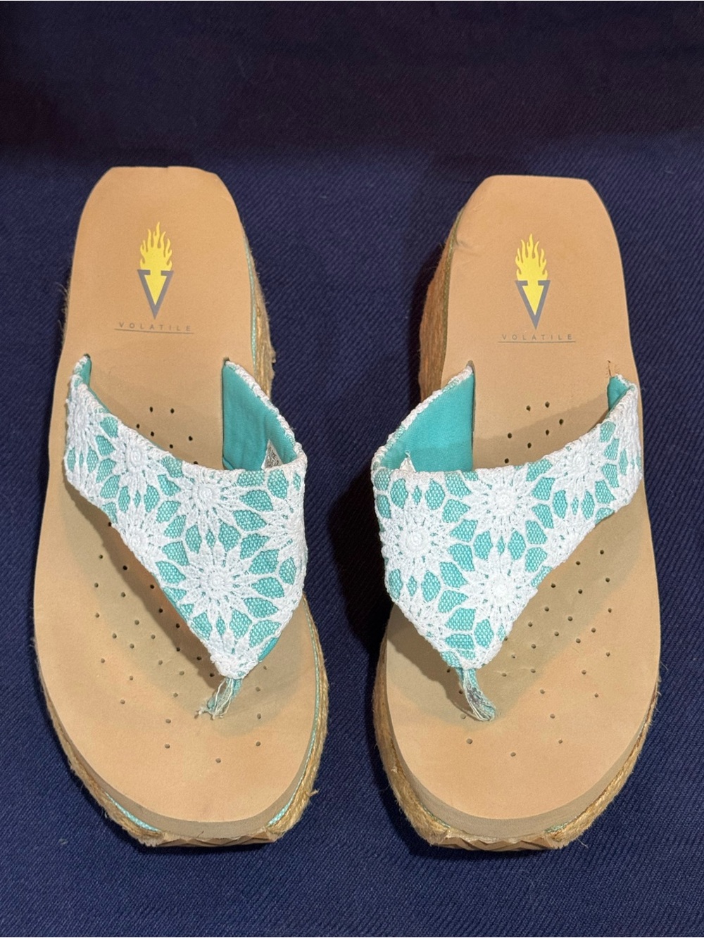 Volatile Teal and White Lace Wedge Sandals